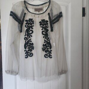 Double D Ranch Sheer blouse with velvet embroidery.  Size Small.  Cream color